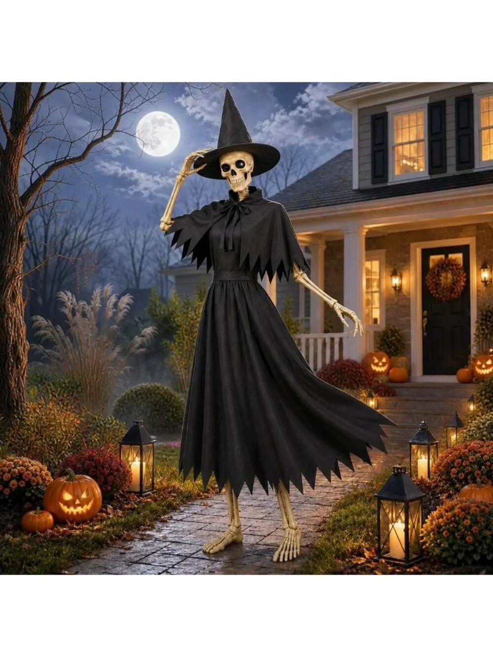 4-Piece Black Witch Costume Set for Halloween Decor & 12 Ft Skeleton Display